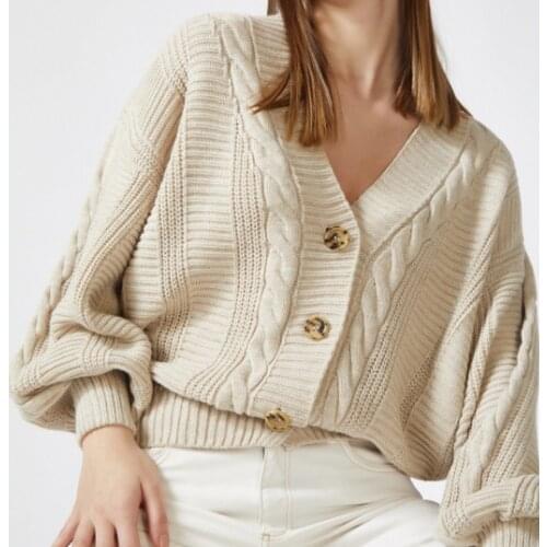 Women Sweater Beige Female Oversize Casual Soft Knit Detailed Puff Long Sleeve Button Sweater Coat Winter Warm Cardigan