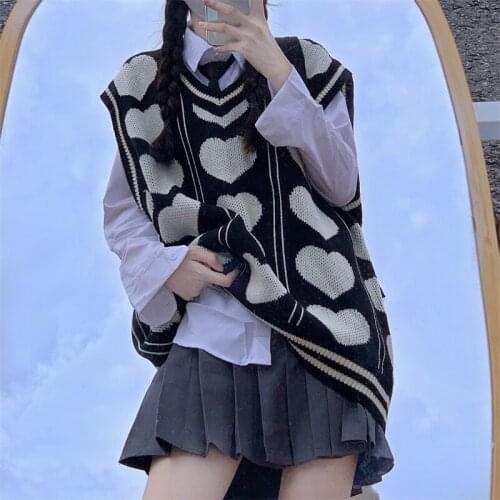 Japanese Sweet Girly Black Love Printed Knitted Women Sweater Vest Autumn Kawaii Lolita Style Sleeveless Splicing Ladies Sweater