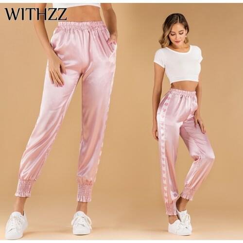 WITHZZ Spring Autumn Glossy Satin Trousers Heart-shaped Print Ladies Sports Casual Pants