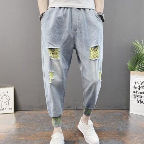 Fashion Mens Denim Harem Pants Hole Ripped Color Mixed Jogger Sweatpants Spliced Jeans Elastic Waist Hip Hop Loose Pencil Pants