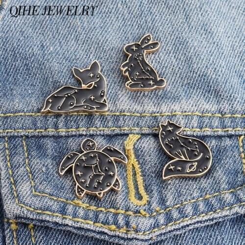 Animal Constellation Enamel pin Bunny Rabbit Deer Sea Turtle Black Gold Animal Badges Brooches for Women Men Unisex