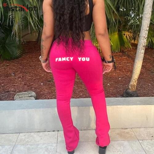 InstaHot Women Flare Sweatpant Letter Print Striped Side Reflective Flash Trousers Female Pant Soft Hollow Out Waist Drawstring