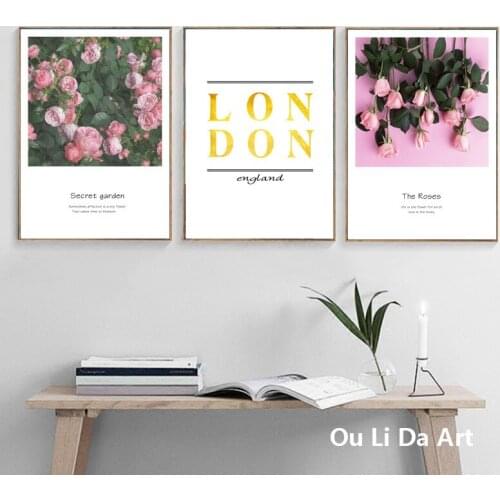 No frame garden flowers golden English letters pink rose canvas printings oil painting printed on canvas wall decoration picture