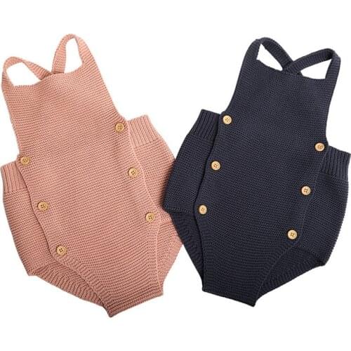 2021 Cute Baby Boy Girl Knit Romper Vest Fall Winter Sleeveless Button Front Halter One Piece Jumpsuit Overalls Sweater Outfits
