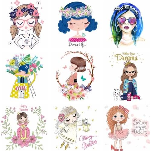 Pulaqi Beautiful Girl Ironing Stickers Heat Transfer Vinyl Patch Thermal Iron On Transfer For Clothes For T-shirt Applique DIY