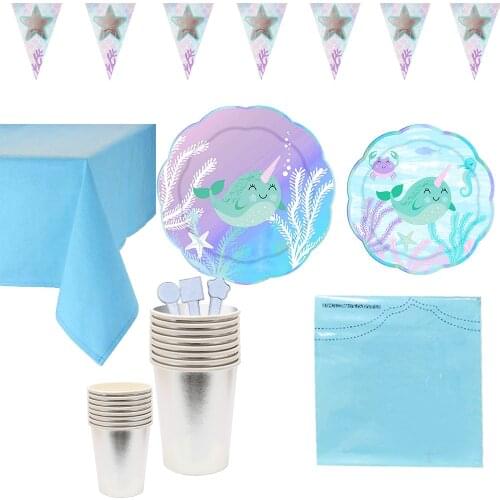 Marine Theme Party Narwhal Seashell Birthday Holiday Party Dinner Plate Supplies Props Cutlery Set Mermaid Balloon Decoration