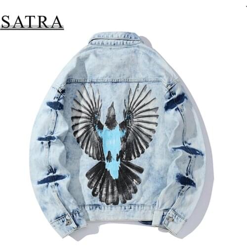 SATRA 2021 New Arrival High Street Sparrow-bird Print Jeans Jacket Streetwear Men,Mens Trend Loose Embroidery Denim Jacket coat