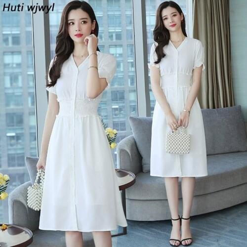 2021 New Plus Size Office Lady Solid Midi Dresses Summer Korean Vintage White Boho Sundress Women Bodycon Party Elegant Vestidos