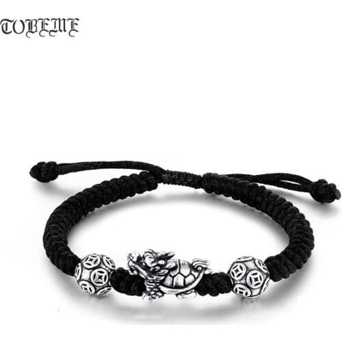 Handmade 999 Silver Turtle Beaded Bracelet 3D Silver Lucky Coin Beads Bracelet Braided Bracelet Good Luck Longevity Bracelet
