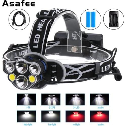 Dropshipping 6 LED T6 XPE COB LED Headlight Waterproof Head Torch LED Hunting Camping Fishing Flashlight 18650 Battery+Charger