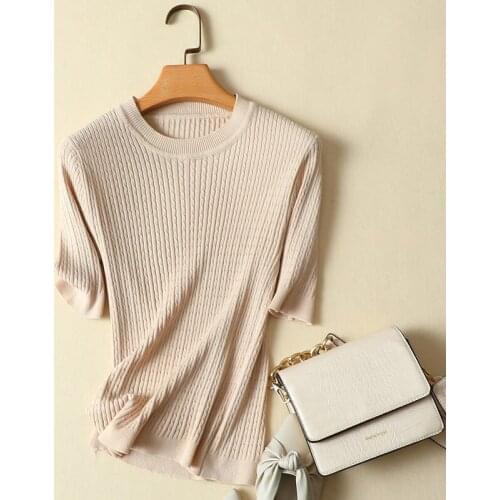 Silk Knitted Women T-Shirts 2021 Summer New Solid O-Neck Short-Sleeved Slim Office Lady Elegant Pulls Outwear Tops Top Quality