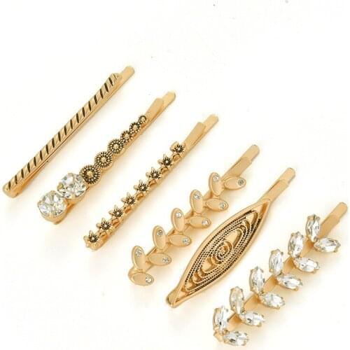 Miss FoUrSy Retro Ladies Diamond Hair Clips Student Gold Barrette Leaf Flower Pattern Word Clip Set 6 pcs Pins for Women
