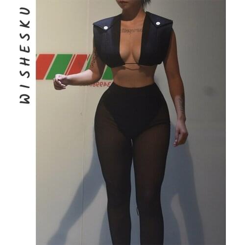 Women Sexy Deep V Neck Sleeveless Tank Top+High Waist Mesh Patchwork See Through Pants 2021 Summer Nippon Fashion Clothes