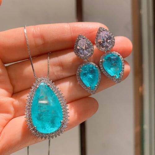 QTT Charms Wedding Set Accessories 925 Sterling Silver Jewelry For Women Paraiba Tourmaline Gemstone Necklace Earrings Sets Gift