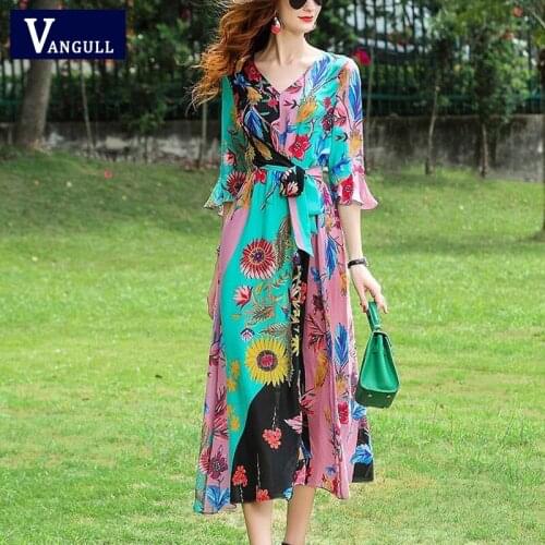 Vangull Beach Style Flower Printted Womens Dress 2021 Summer New Butterfly Half Sleeve V-Neck Female Dress Sashes Long Dress