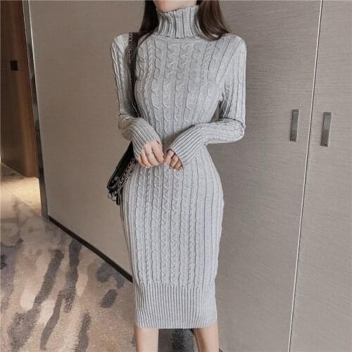 Neophil 2021 Winter Women Kintted Turtleneck Sweater Midi Dresses Casual Sheath Bodycon Black Long Sleeve Knitting Dress D92D2