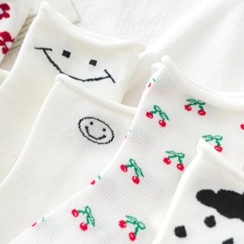 1 Pair Autumn Winter New Frill Cotton Socks Casual Fashion Comfortable Soft Solid Color Women Socks Smiley Fruit Flower Printed