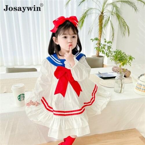2021 Summer Spring Dress for Girls Baby Long Sleeve Wedding Dress Girl Lolita Sailor Collar Bow Student Princess Party Vestidos