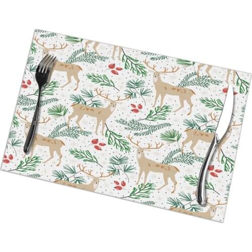 6 Pcs Placemat Table Mat Holly And Deers Pattern For Tables Heat-insulation Linen Kitchen Dining Pads