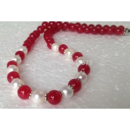 7-8mm Natural White Pearl/Red Jade necklace