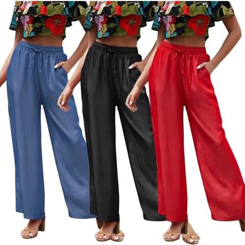 Fashion Loose Women Wide Leg Pants Soft Comfort Casual Elastic Female Medium Waist Ankle-Length Trousers Black Red Blue Slacks