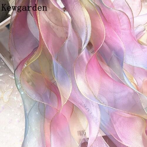Kewgarden 2" 55mm Gold Edge Rainbow Organza Ribbon Handmade Crafts DIY Hair Bow Accessories Tulle Gift Packing Wholesale 38 Yard