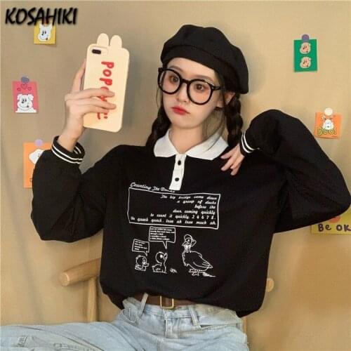 KOSAHIKI Harajuku Shirt Womens T-shirts Cartoon Print Top Female T-shirt Casual Long Sleeve Ladies Femme Shirts Black Tops