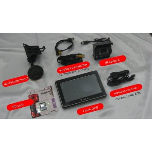 Best quality free shipping 7inch wireless GPS wireless car backup camera Fm transimitter