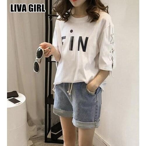 Liva Girl Trendy 2017 Fashion FIN Letters Printed T Shirts Solid Short T-shirts Women Clothing Loose Shirt Tops Tee Femme M-3XL