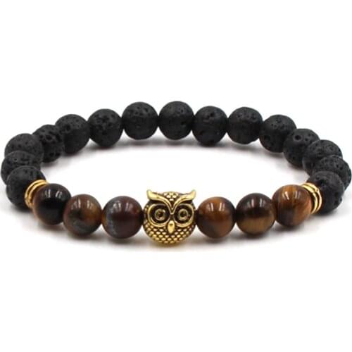 Trendy 8mm Natural Black Volcanic Lava stone Beads distance Bracelet Zinc alloy owl Bracelets Bangle for Women&Men Noble Jewelry