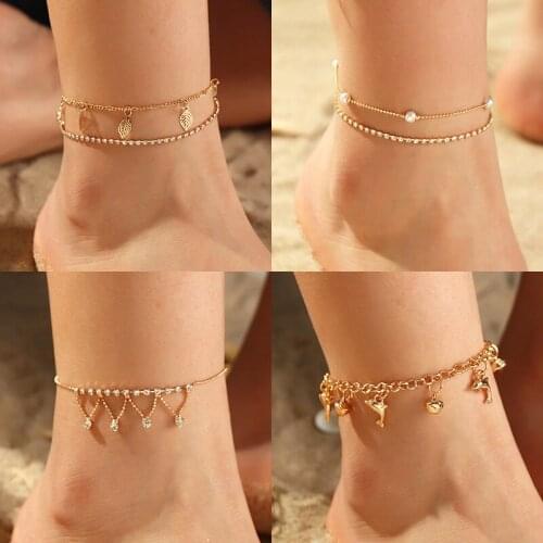 Fashion Gold Color Anklets Set for Women Multilayer Chain Anklet Foot Bracelet Beach Anklet Jewelry Ankle Bracelet Beach Jewelry