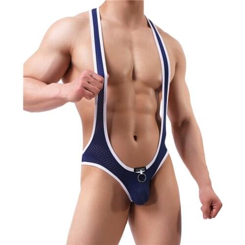 Mens Underwear Mesh Jumpsuit One-Piece Bodysuit Sexy Undershirts Jockstrap Wrestling Singlet Backless Leotard Briefs Penis Pouch