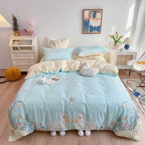 Blue Cartoon Cute Duck Flowers Applique Embroidery Egyptian Cotton Girl Bedding Set Duvet Cover Flat/Fitted Sheet Pillowcases