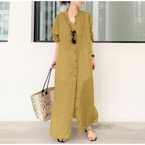 2021 Autumn Elegant Solid Work Shirt Dress Maxi Sundress Women Long Sleeve Cotton Linen Vestidos Female Robe