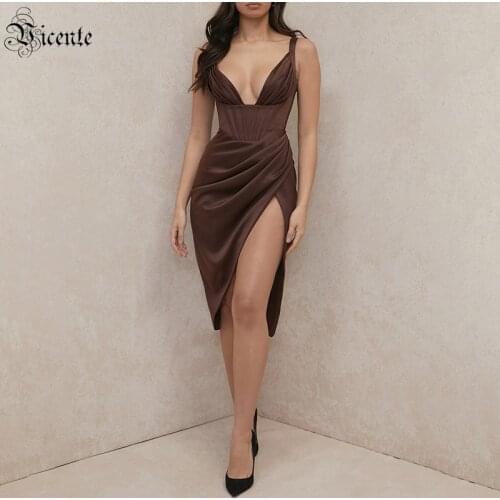 VC Womens Dresses Celebrity Party Cocktail Party Dress Sexy Brown V-neck Draped Design Strap Satin Dress