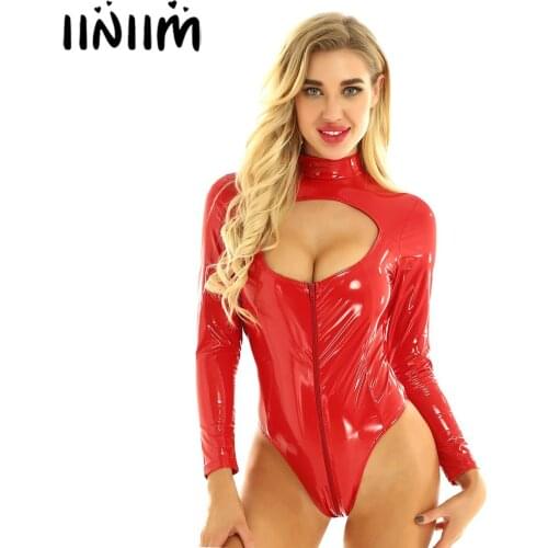 Womens Femal Catsuit Wetlook Evening Party Leather Body Latex Lingerie Costumes Pole Dancing Clubwear Breast Hollow Out Bodysuit