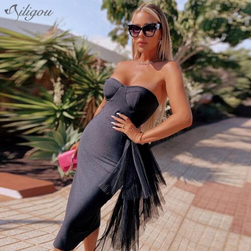 Ailigou New Summer WomenS White Black Tight-Fitting Bandage Dress Sexy Ruffled V-Neck Strapless Club Celebrity Show Party Dress