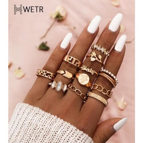 12 Pcs/Set Bohemian Vintage Water Drops Geometric Crystal Ring Set Charm Jewelry