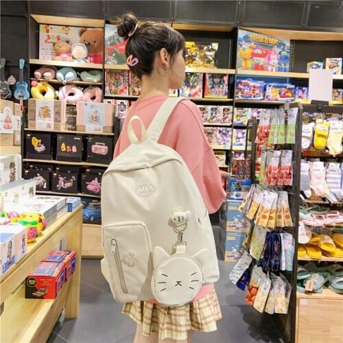 2pcs 2021 Kawaii Cat Backpack Bag Waterproof Travel Bag with Purse Wallet Cartoon Animal Schoolbag for College Teen Student Girl