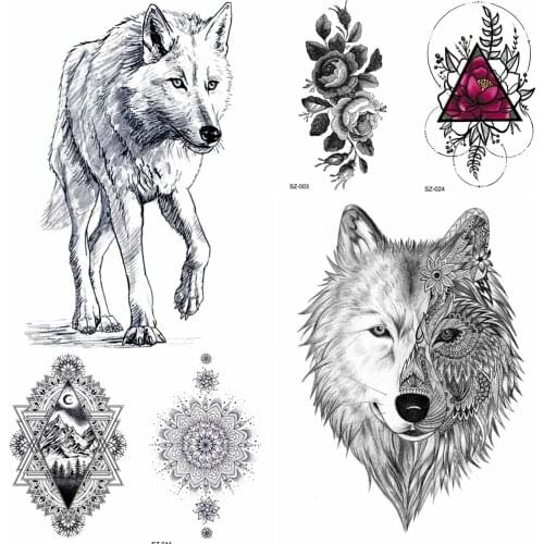 YURAN Black Pencil Sketch Temporary Tattoo Stickers Women Body Arm Fake Tattoo Girls Makeup Tips Waterproof Tatoos Men Neck Wolf