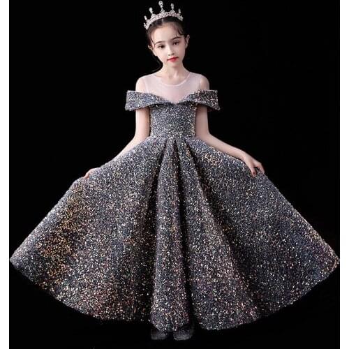 Children Girls Exquisite Sequined Design Birthday Evening Party Princess Prom Dress Model Show Catwalk First Communication Dress