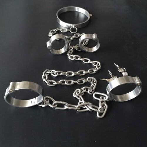 Stainless Steel Bdsm Cuffs Bondage Kit Collar Sex+handcuffs For Sex+Ankle Cuffs With Chain Slave Fetish Sex Toys Adult Games