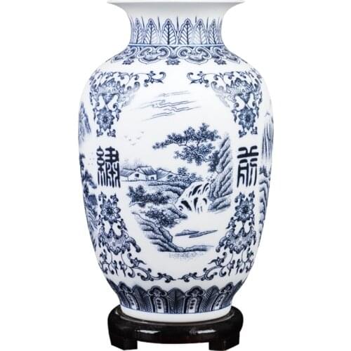 Jingdezhen Ceramic Vase Retro-ancient Landscape Dumb Blue and White Porcelain Flower Arrangement Small Dry Flower Vase Porcelain