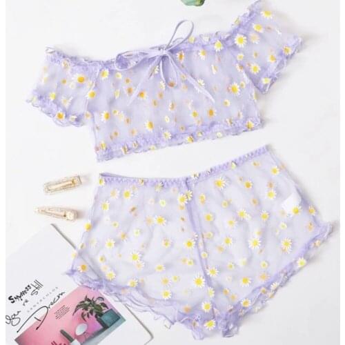 2Pcs Women Lingerie Suit Sexy See-through Sheer Daisy Floral Print Off-Shoulder Crop Top + High waist Thong-Panty Underwear Sets