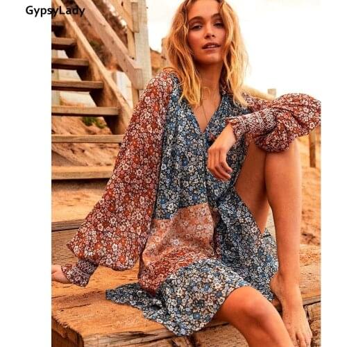GypsyLady Boho Floral Boho Mini Dress Spring Beach Holiday Dress Long Lantern Sleeve V-neck Ruffle Women New Vintage Chic Dress