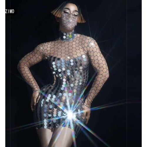 Sparkly silver sequin Dress party club for women Mirror long sleeve sexy DJ designer dresses runway stage costume performance