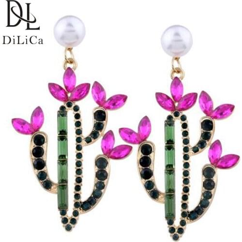 DiLiCa Trendy Cute Cactus Flower Charms Earrings Crystal Statement Drop Earrings for Women Costume Earring Dangle Accessories