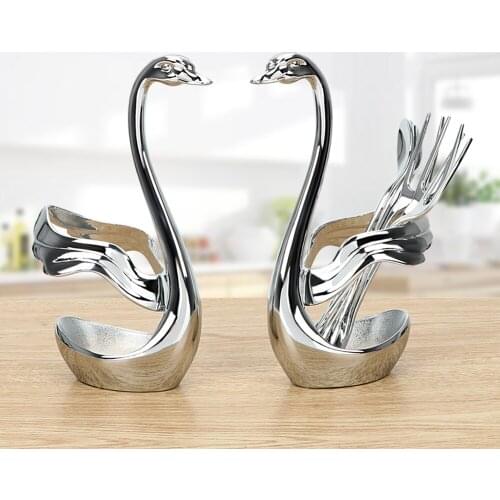 HILIFE Fruit Forks Set Swan Base Holder with 3 Forks & 3 ladles Tableware Salad Dessert Forks Spoon Coffee Cake Tools Zinc Alloy