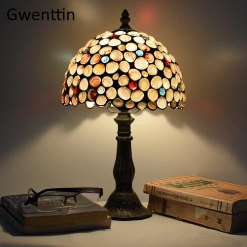 Mediterranean Tiffany Shell Table Lamps for Living Room Bedside Stain Glass Desk Lamp Vintage Led Stand Light Fixtures Art Deco