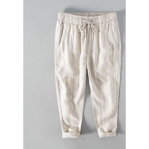 8201 New Natural Linen Trousers Male Japan Style Summer Breathable Soft Thin Mid Waist Drawstring Solid Color Men Casual Pants